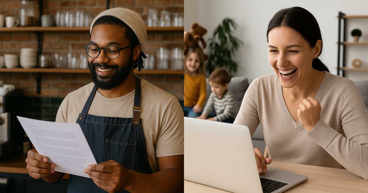 Happy business owners celebrating successful contract negotiations and business growth after using AI contract analysis